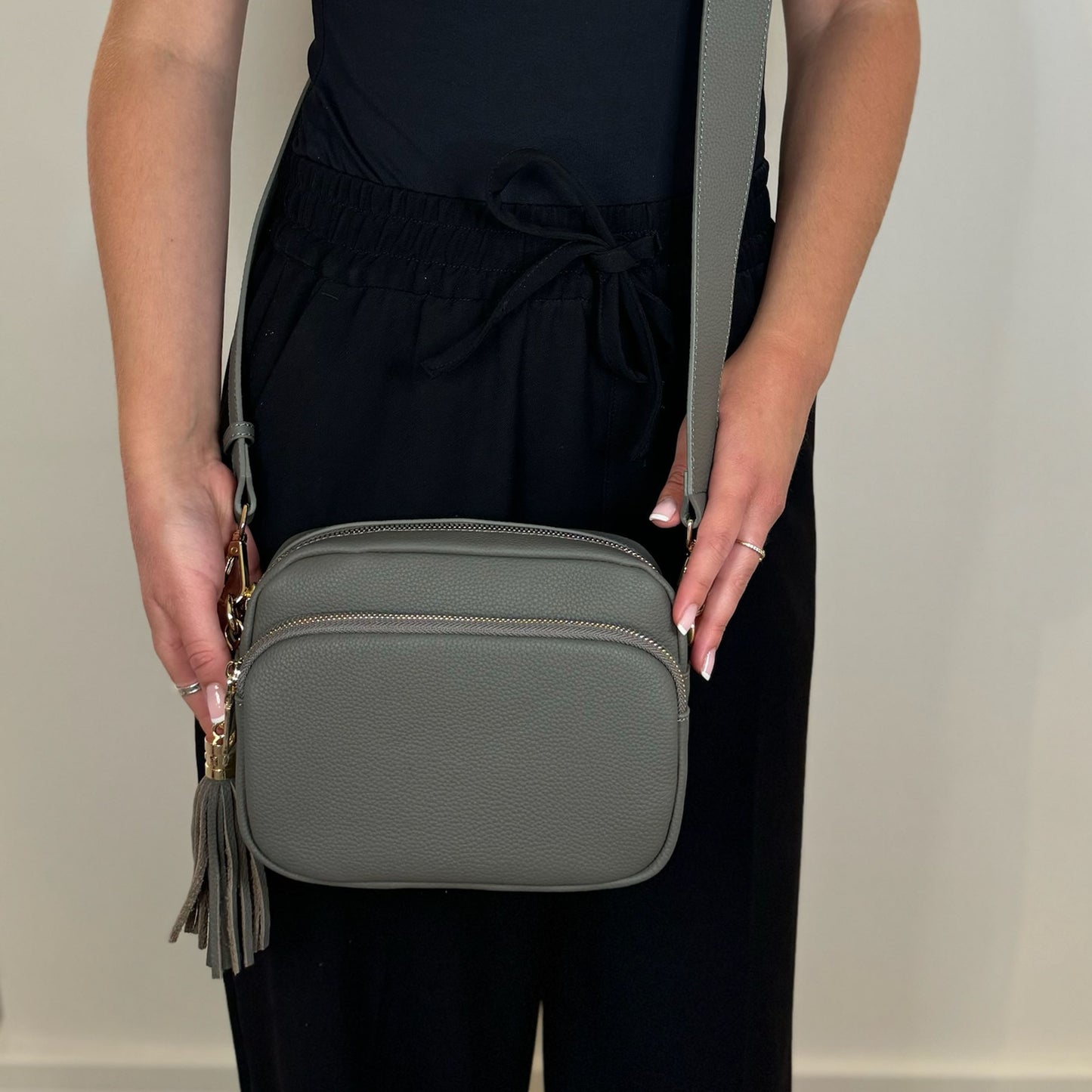 Shark Grey Swoon London Downton Bag on Person
