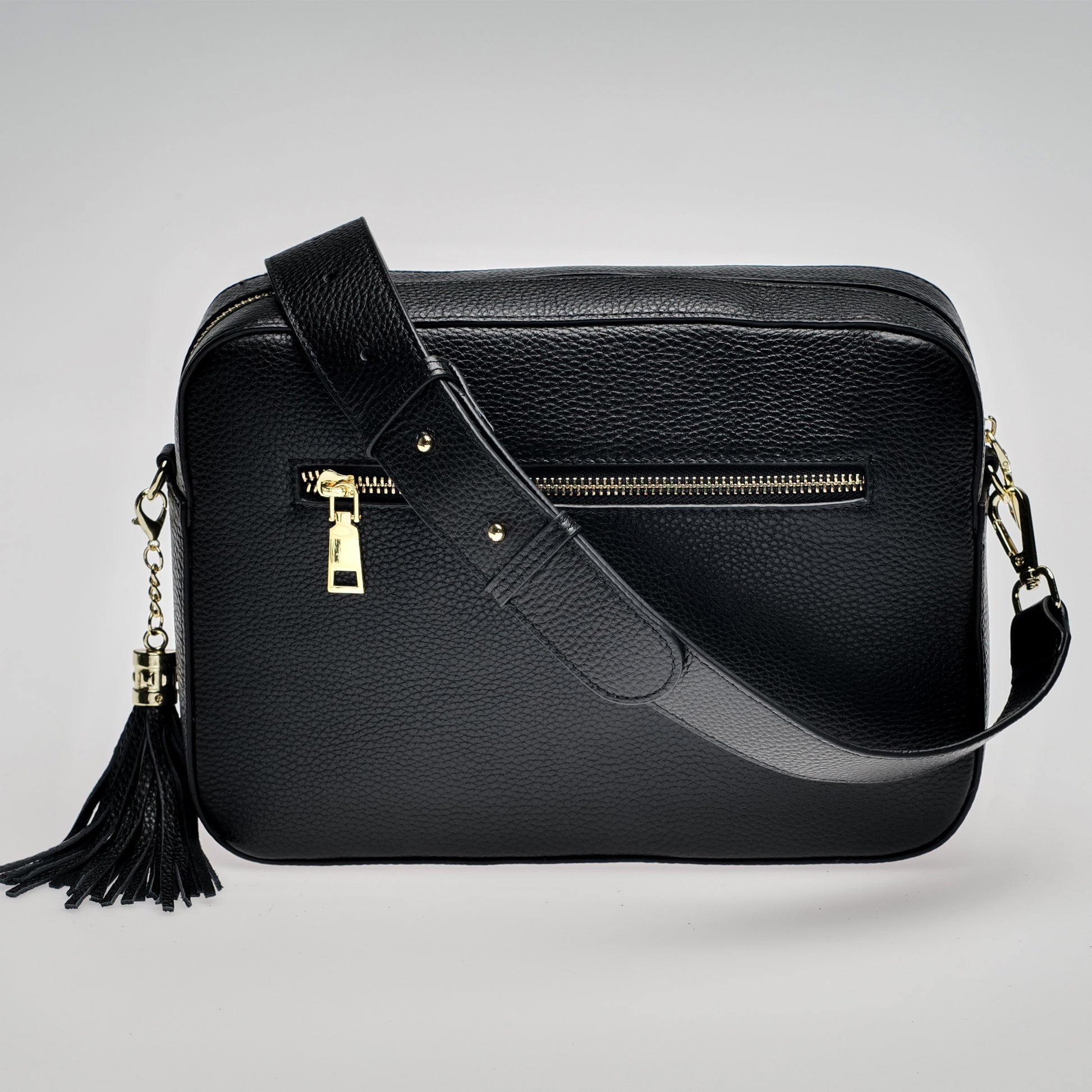 The Stratford XL Leather Crossbody Bag in Midnight Black by Swoon London
