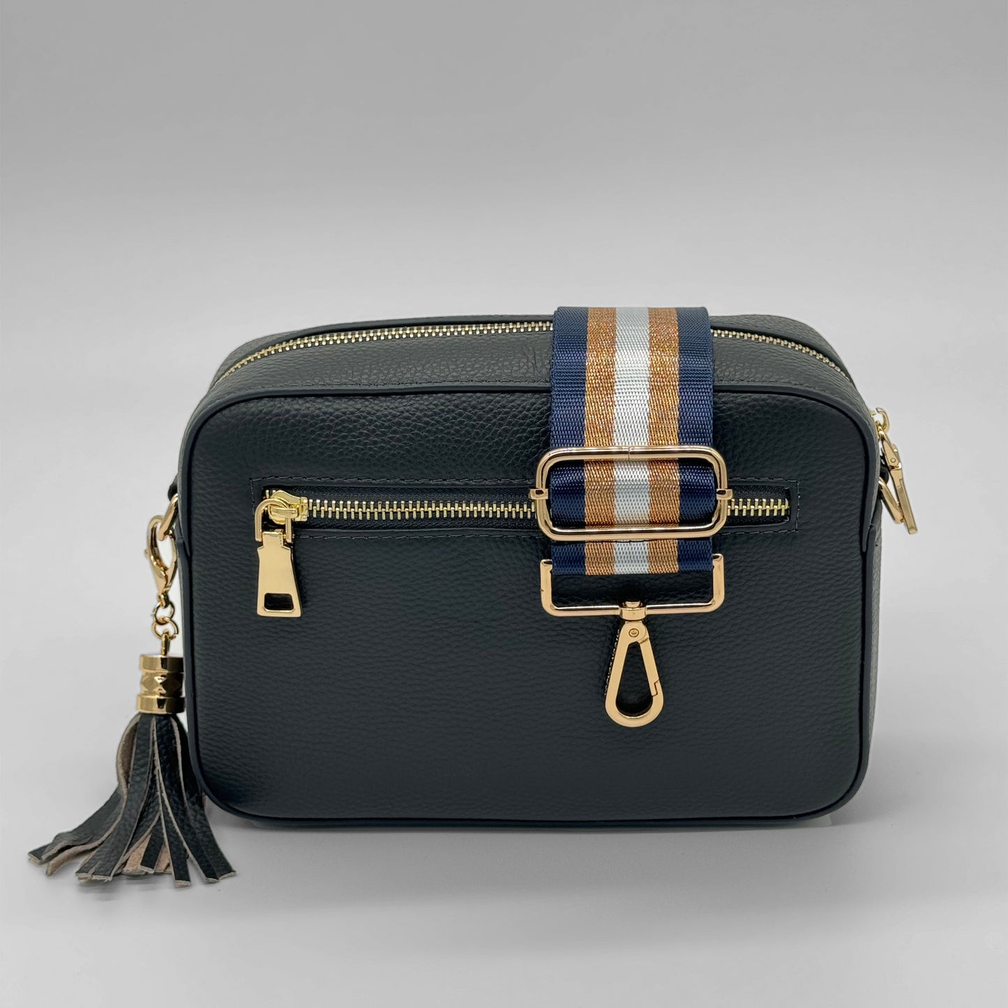 Bag with Navy & Gold Metallic Stripe Bag Strap