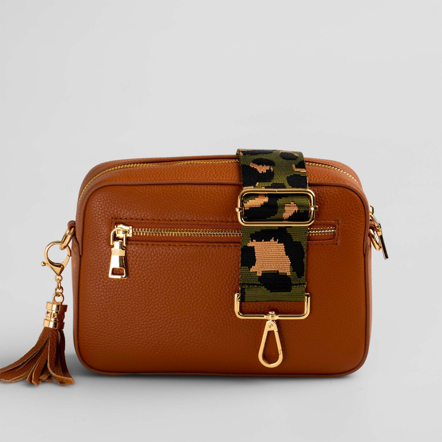 Green Camo Bag Strap on Stratford Crossbody in Bronzed Tan - Swoon London