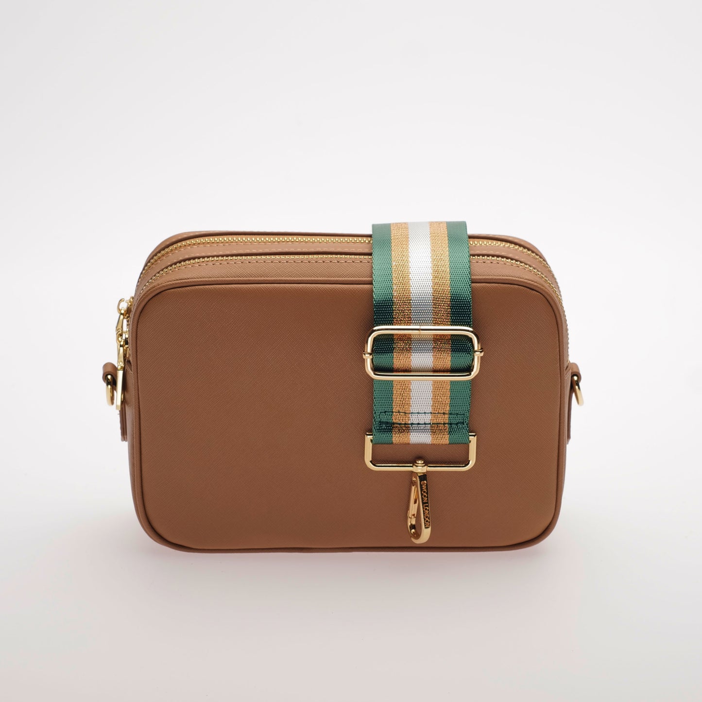 Green and Gold Metallic Stripe Bag Strap on James Saffiano Leather Crossbody Bag in Dusky Rose Tan