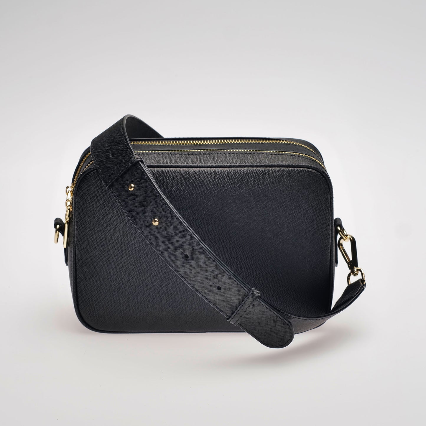 James Saffiano Leather Crossbody Bag in Midnight Black by Swoon London