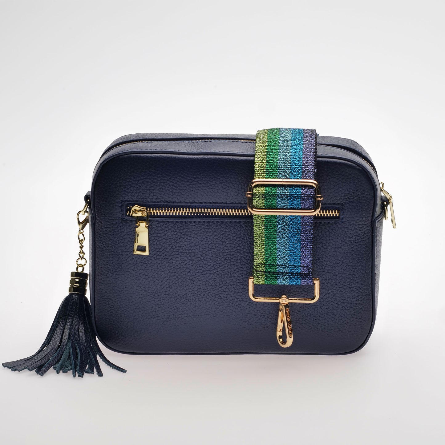 Blue Rainbow Metallic Bag Strap on Stratford Leather Crossbody Bag in Dark Navy