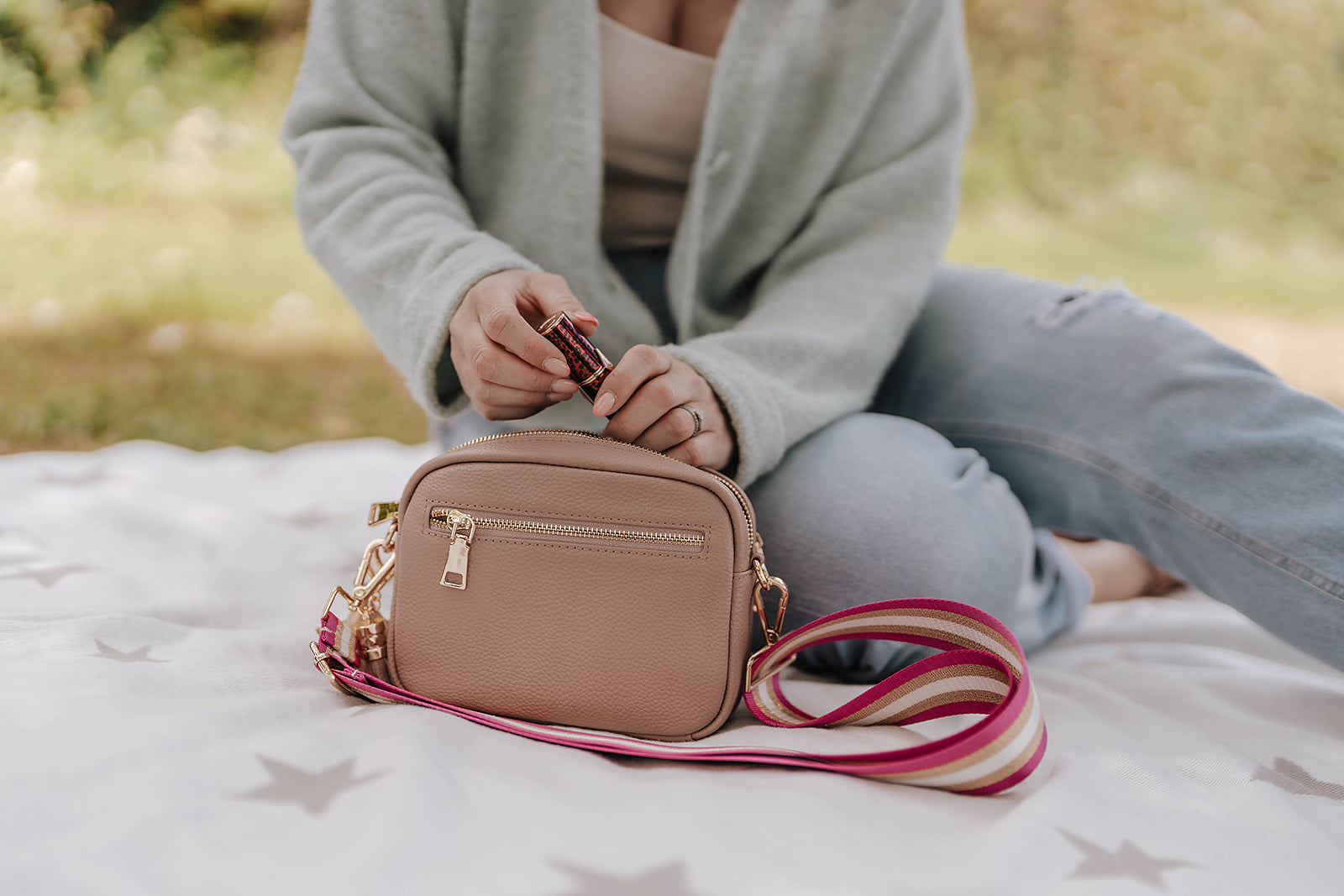 Downton Bag in Blush Pink with Pink & Gold Metallic Stripe Bag Strap