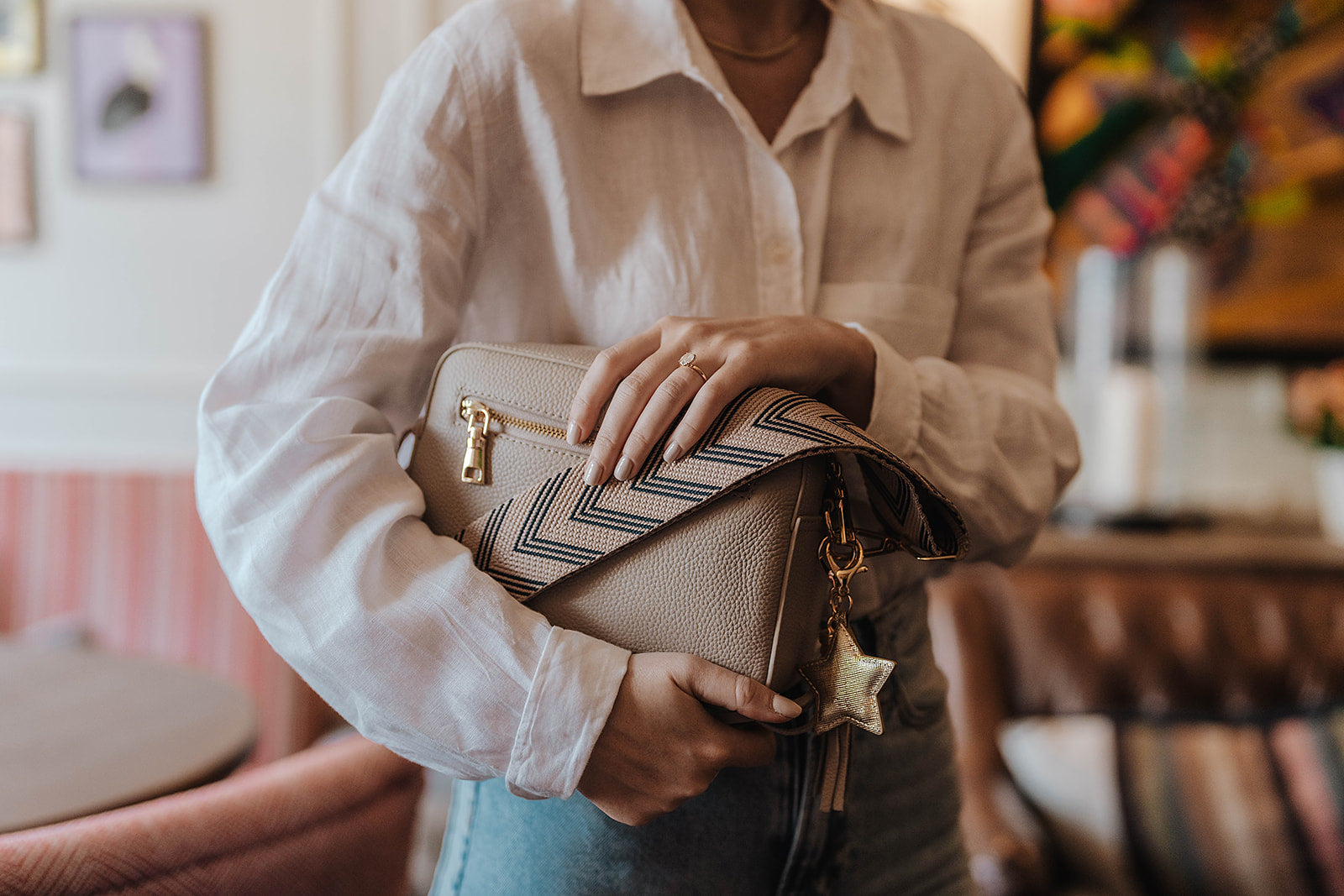 Stratford Bag in Calma Stone & Navy Herringbone Strap