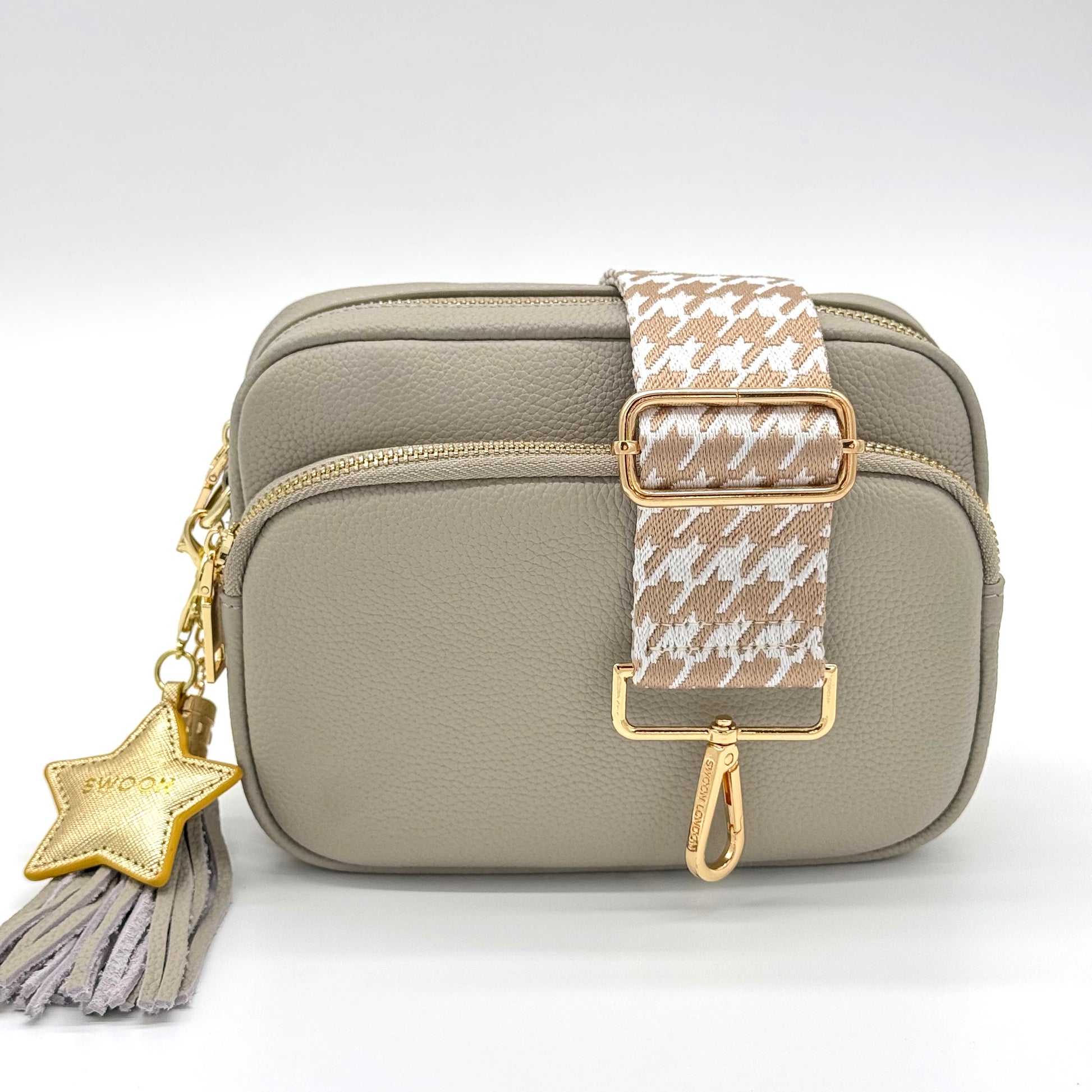 Beige Neutral Houndstooth Bag Strap on Calma Stone Downton Crossbody