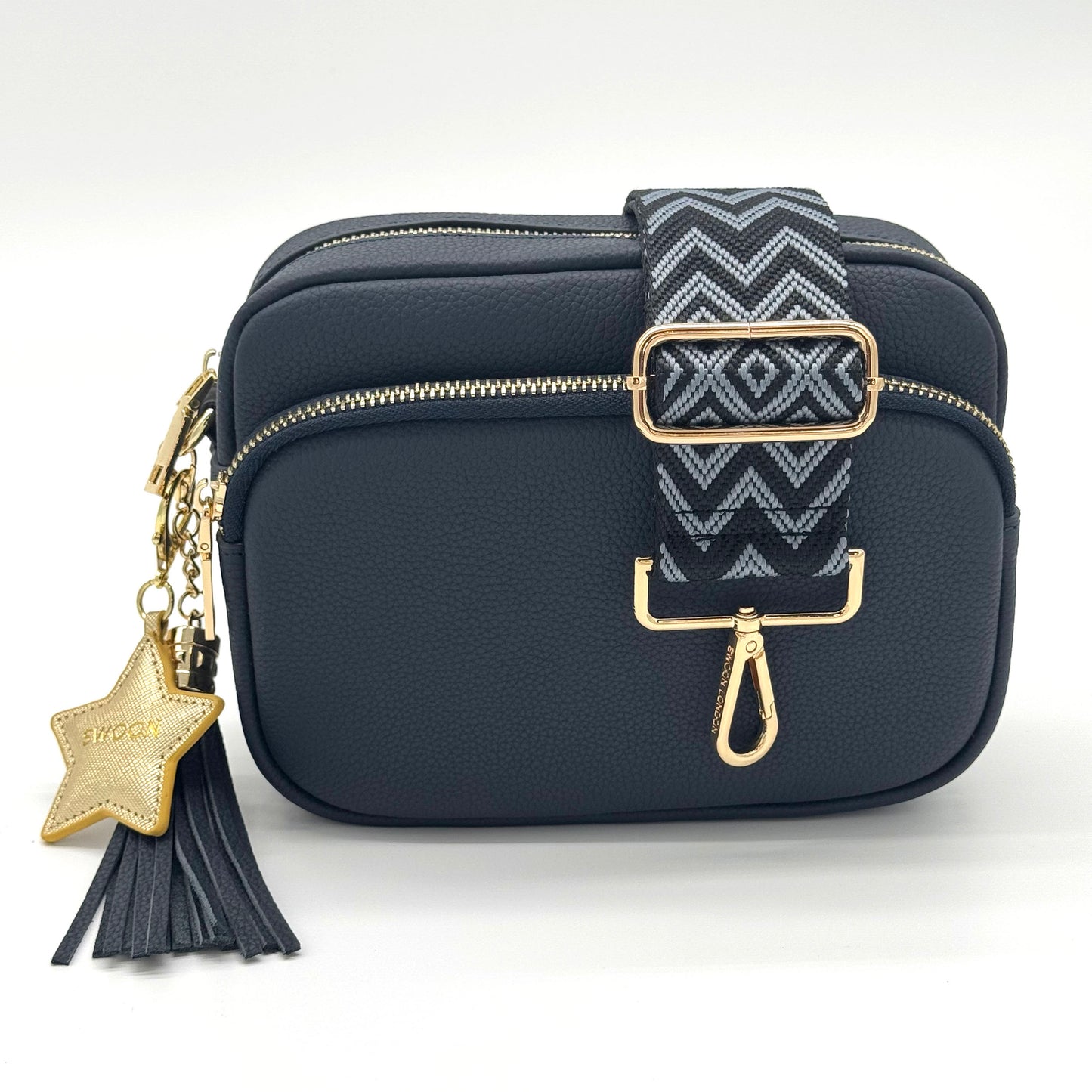 Black & Blue Zig Zag Crossbody Bag Strap on Dark Navy Downton