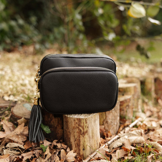 Downton Leather Crossbody Bag in Midnight Black by Swoon London