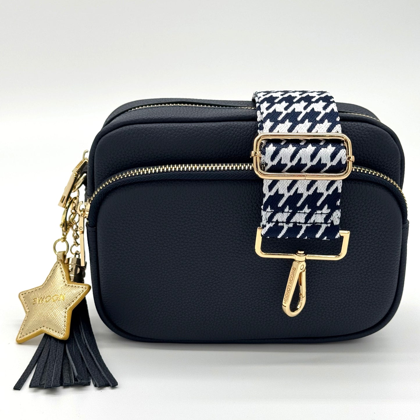 Navy Blue Houndstooth Bag Strap by Swoon London