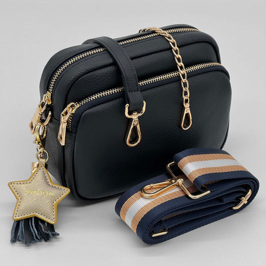 The Crazy For Navy Leather Crossbody Bag Set by Swoon London